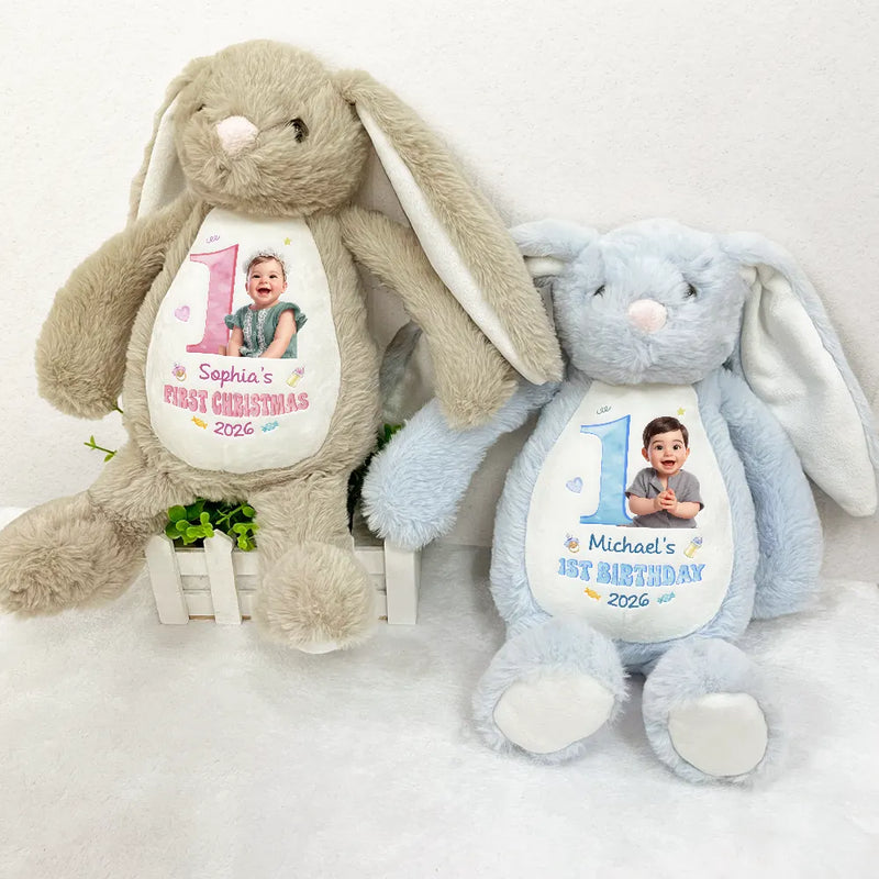 Adorable,Art Design,Gift For Kids,Photo - Cartoon Portrait - Custom Photo Cartoon Portrait Baby First Birthday Christmas Easter - Personalized Soft Toy Bunny