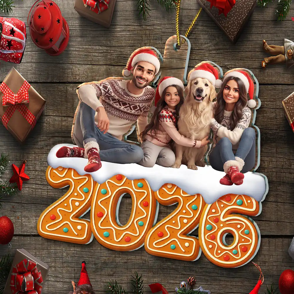 Art Design,Christmas,Cozy,Family,Photo - Cartoon Portrait - Custom Photo Cartoon Portrait Christmas Gingerbread Family - Personalized Custom Shaped Acrylic Ornament