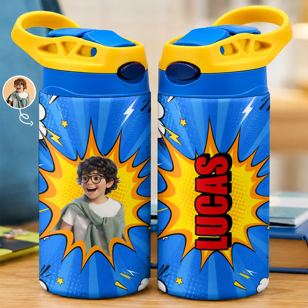 Adorable,Art Design,Back To School,Gift For Kids,Photo - Cartoon Portrait - Custom Photo Cartoon Portrait Cute Kid With Comic Book Theme - Personalized Insulated Water Bottle With Straw