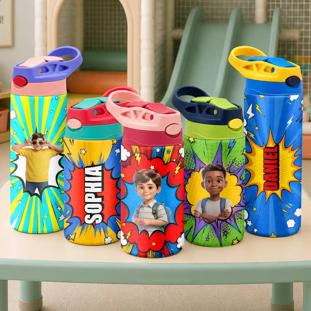 Adorable,Art Design,Back To School,Gift For Kids,Photo - Cartoon Portrait - Custom Photo Cartoon Portrait Cute Kid With Comic Book Theme - Personalized Insulated Water Bottle With Straw