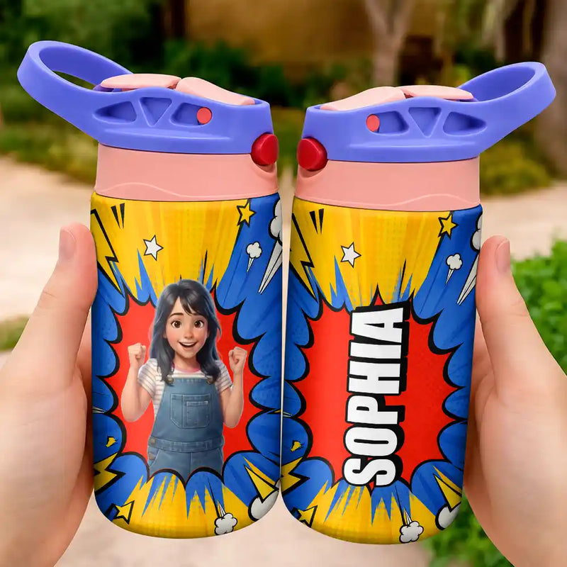 Adorable,Art Design,Back To School,Gift For Kids,Photo - Cartoon Portrait - Custom Photo Cartoon Portrait Cute Kid With Comic Book Theme - Personalized Insulated Water Bottle With Straw
