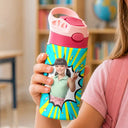 Adorable,Art Design,Back To School,Gift For Kids,Photo - Cartoon Portrait - Custom Photo Cartoon Portrait Cute Kid With Comic Book Theme - Personalized Insulated Water Bottle With Straw