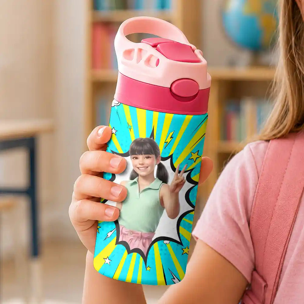 Adorable,Art Design,Back To School,Gift For Kids,Photo - Cartoon Portrait - Custom Photo Cartoon Portrait Cute Kid With Comic Book Theme - Personalized Insulated Water Bottle With Straw