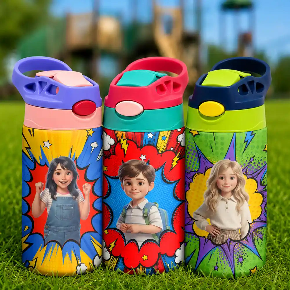 Adorable,Art Design,Back To School,Gift For Kids,Photo - Cartoon Portrait - Custom Photo Cartoon Portrait Cute Kid With Comic Book Theme - Personalized Insulated Water Bottle With Straw