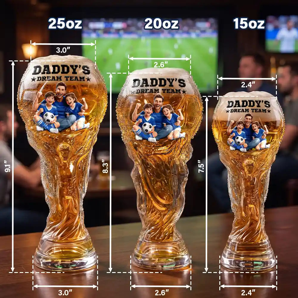 Gift For Father, Custom Photo, Art Design, Football (Soccer), Playful, Photo - Cartoon Portrait - Custom Photo Cartoon Portrait Daddy's Dream Team Soccer - Personalized Beer Glass