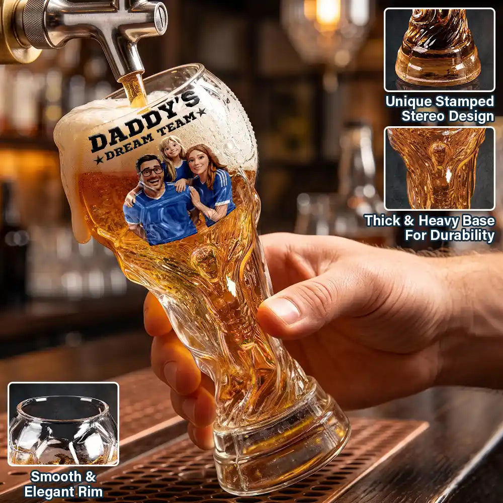 Gift For Father, Custom Photo, Art Design, Football (Soccer), Playful, Photo - Cartoon Portrait - Custom Photo Cartoon Portrait Daddy's Dream Team Soccer - Personalized Beer Glass