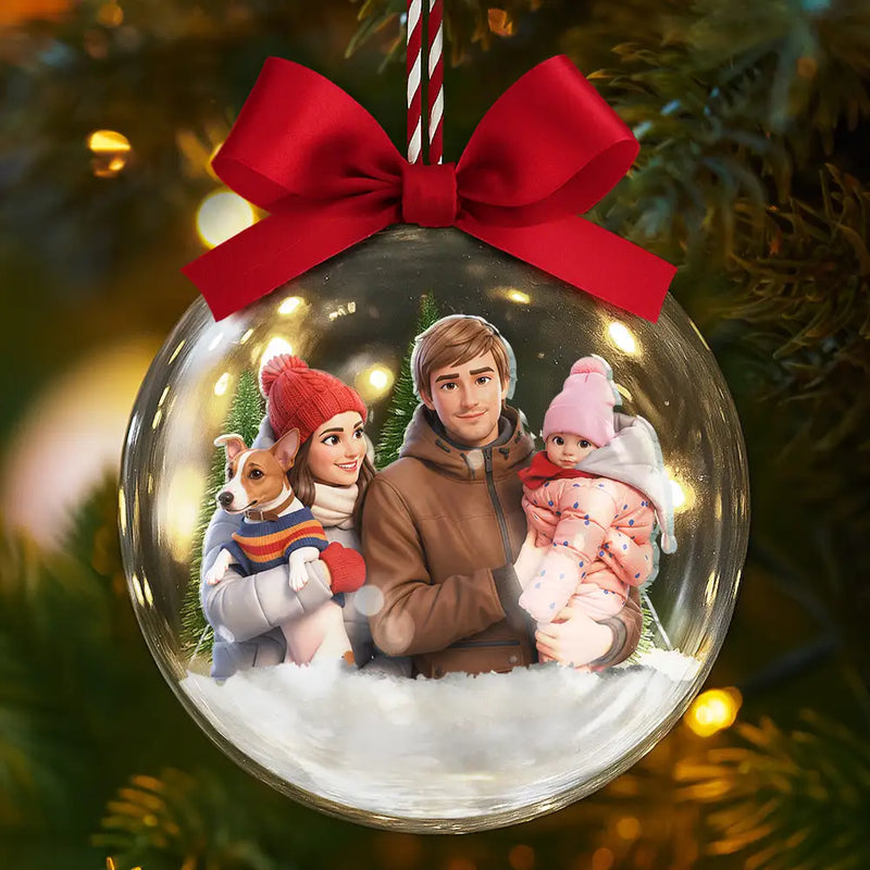 Art Design,Christmas,Family,Photo - Cartoon Portrait,Happy - Custom Photo Cartoon Portrait Family Is The Greatest Gift - Personalized 3D Acrylic Ball Ornament