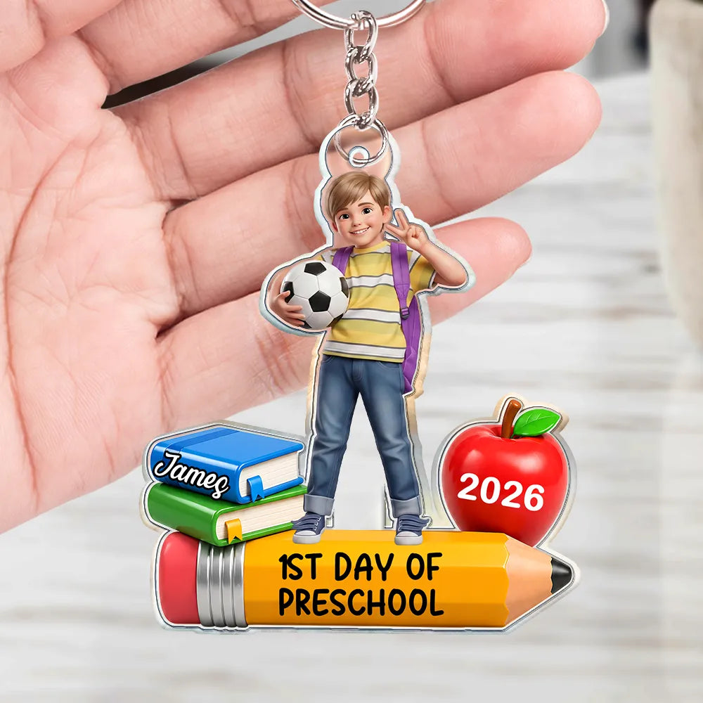 Top Market,Adorable,Art Design,Back To School,Gift For Kids,Photo - Cartoon Portrait - Custom Photo Cartoon Portrait First Day Of Kindergarten - Personalized Acrylic Keychain