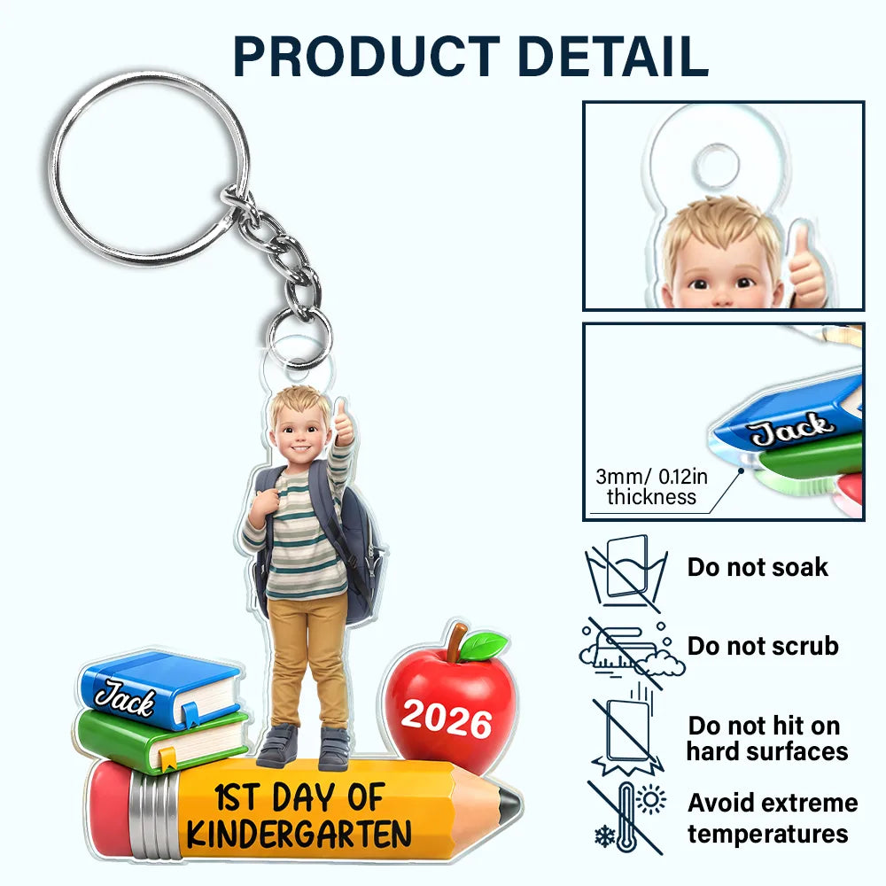 Top Market,Adorable,Art Design,Back To School,Gift For Kids,Photo - Cartoon Portrait - Custom Photo Cartoon Portrait First Day Of Kindergarten - Personalized Acrylic Keychain