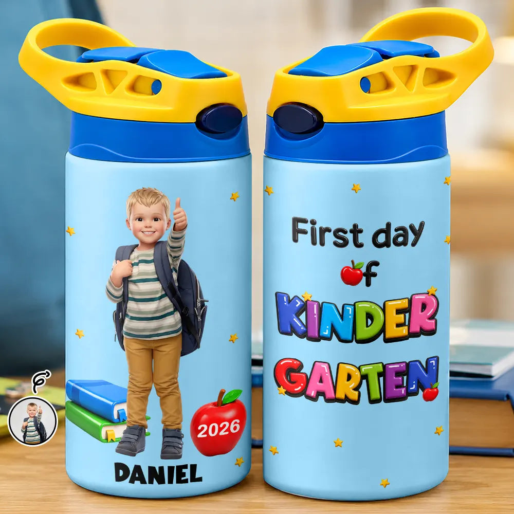 Adorable,Art Design,Back To School,Gift For Kids,Photo - Cartoon Portrait - Custom Photo Cartoon Portrait First Day Of Kindergarten - Personalized Insulated Water Bottle With Straw
