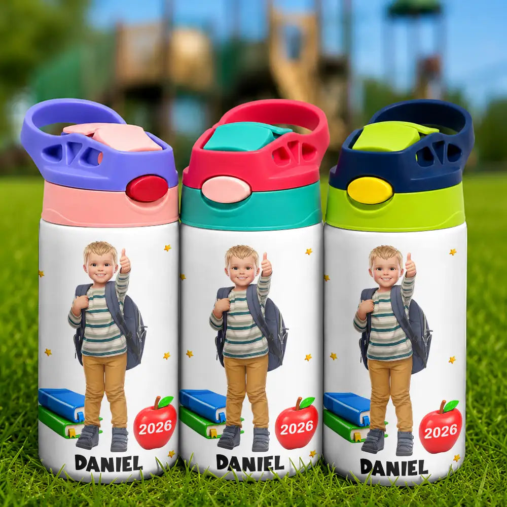 Adorable,Art Design,Back To School,Gift For Kids,Photo - Cartoon Portrait - Custom Photo Cartoon Portrait First Day Of Kindergarten - Personalized Insulated Water Bottle With Straw