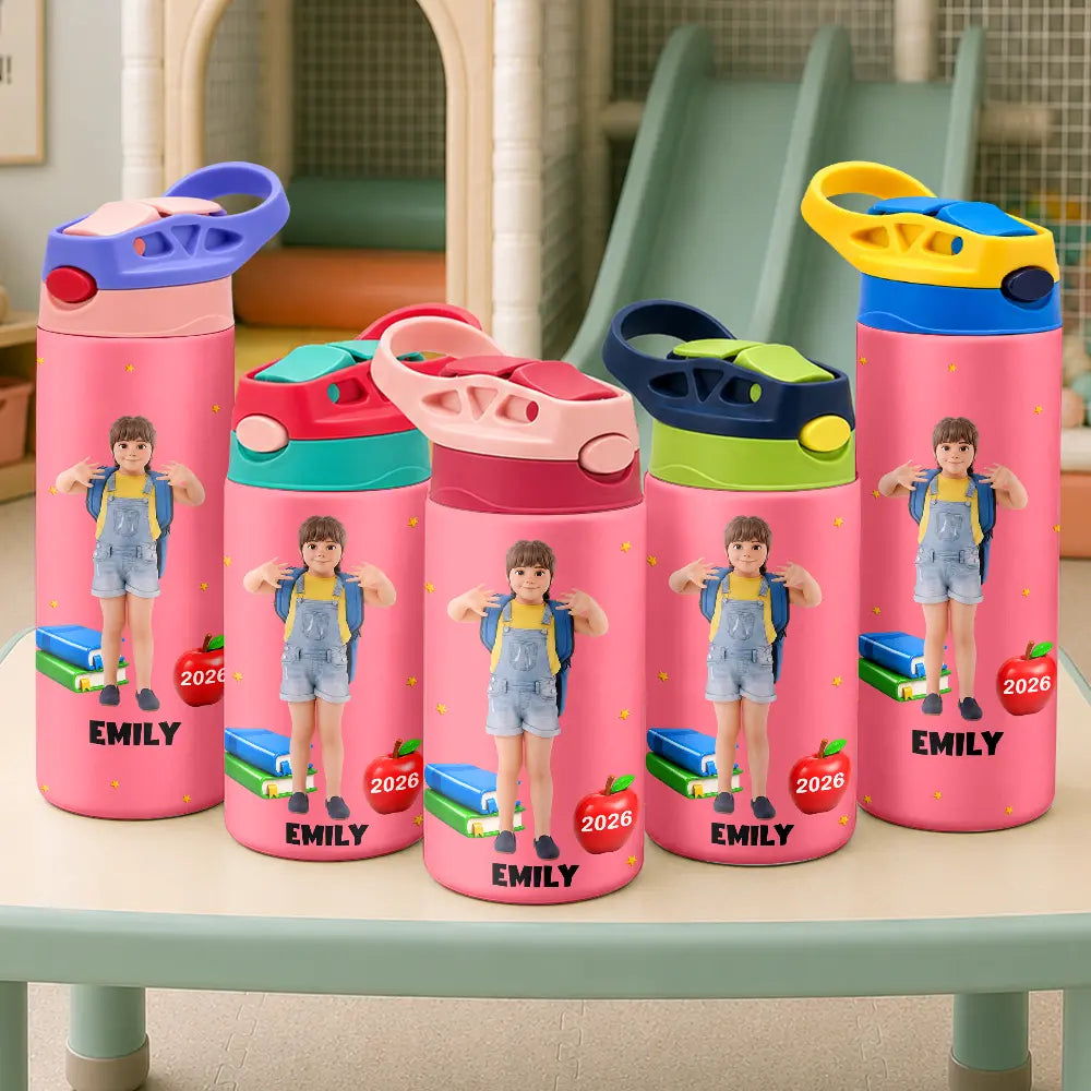 Adorable,Art Design,Back To School,Gift For Kids,Photo - Cartoon Portrait - Custom Photo Cartoon Portrait First Day Of Kindergarten - Personalized Insulated Water Bottle With Straw