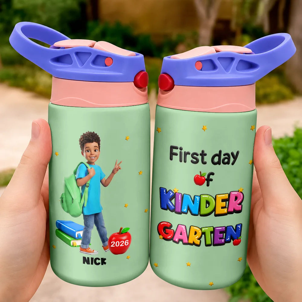 Adorable,Art Design,Back To School,Gift For Kids,Photo - Cartoon Portrait - Custom Photo Cartoon Portrait First Day Of Kindergarten - Personalized Insulated Water Bottle With Straw