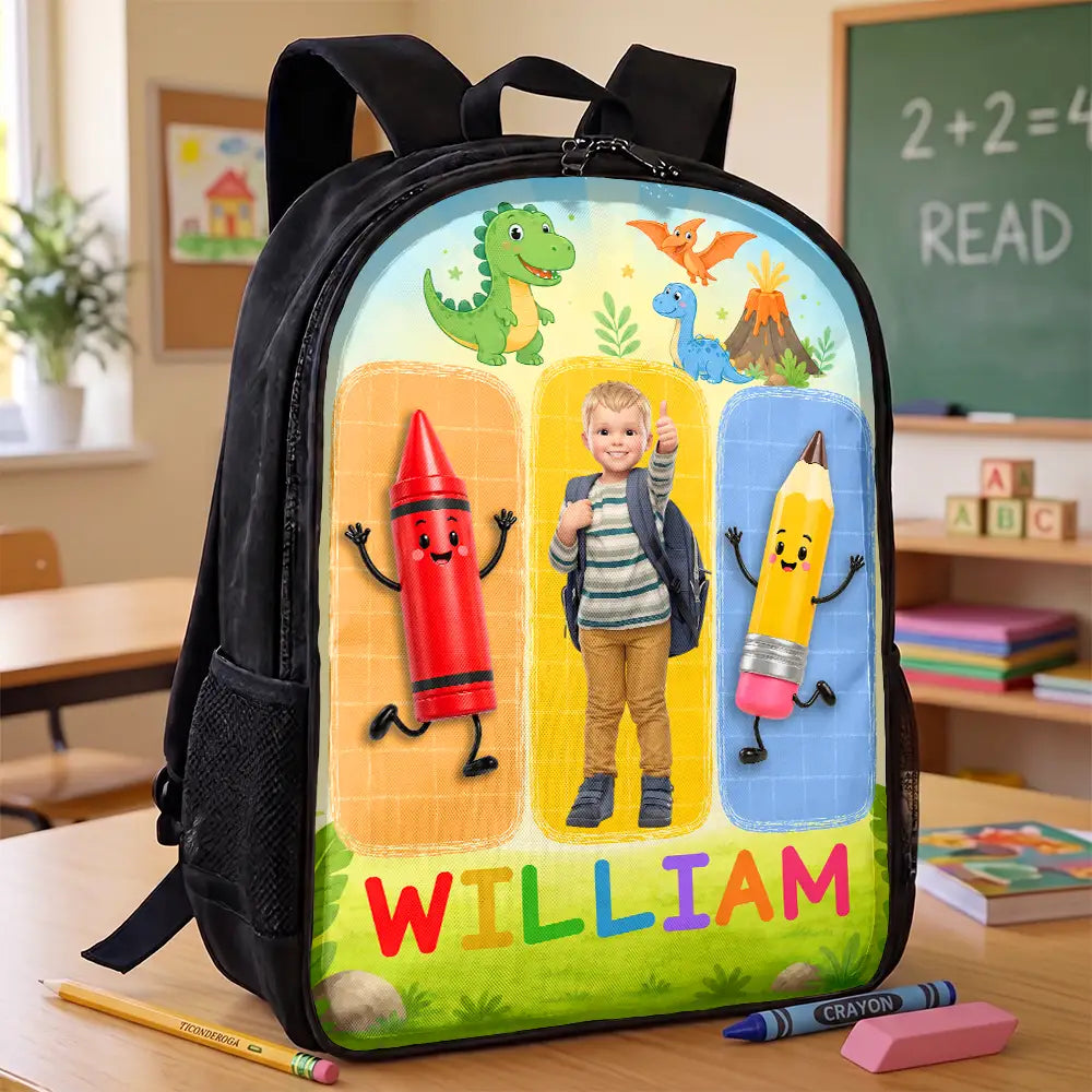 Adorable,Art Design,Back To School,Gift For Kids,Photo - Cartoon Portrait - Custom Photo Cartoon Portrait Happy Kid With School Supplies - Personalized Kids Backpack
