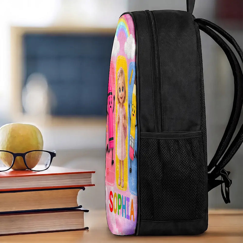 Adorable,Art Design,Back To School,Gift For Kids,Photo - Cartoon Portrait - Custom Photo Cartoon Portrait Happy Kid With School Supplies - Personalized Kids Backpack