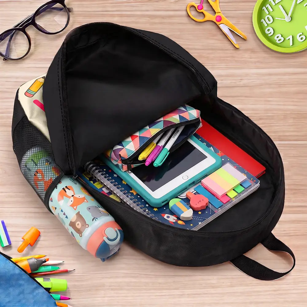 Adorable,Art Design,Back To School,Gift For Kids,Photo - Cartoon Portrait - Custom Photo Cartoon Portrait Happy Kid With School Supplies - Personalized Kids Backpack