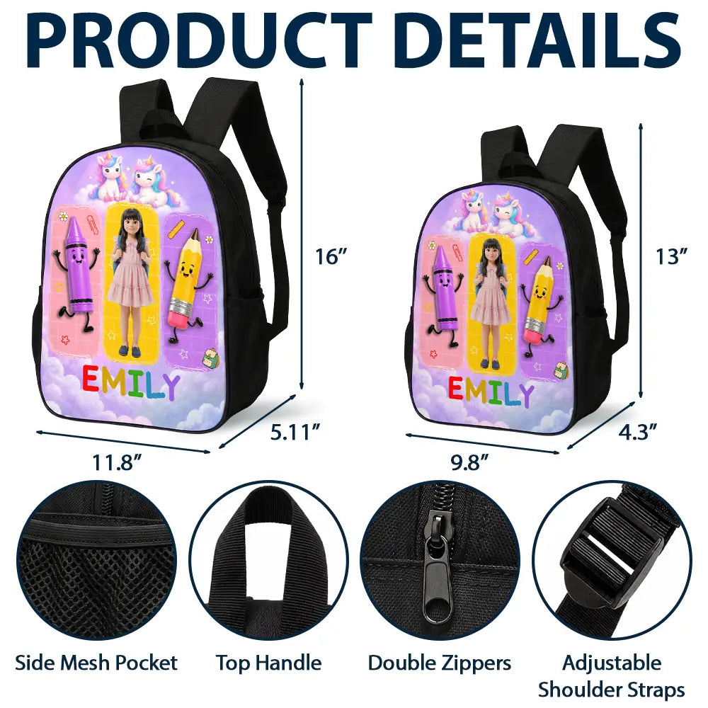 Adorable,Art Design,Back To School,Gift For Kids,Photo - Cartoon Portrait - Custom Photo Cartoon Portrait Happy Kid With School Supplies - Personalized Kids Backpack