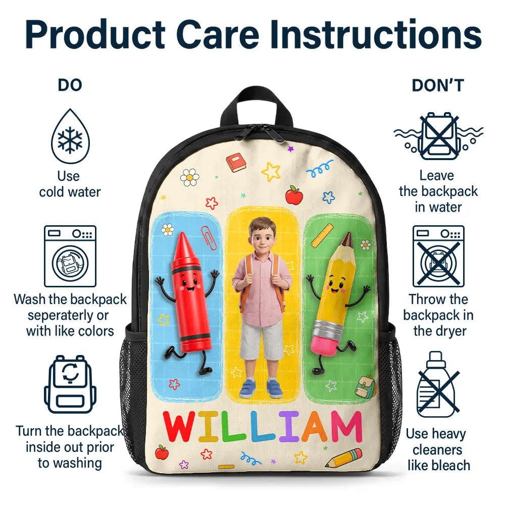 Adorable,Art Design,Back To School,Gift For Kids,Photo - Cartoon Portrait - Custom Photo Cartoon Portrait Happy Kid With School Supplies - Personalized Kids Backpack