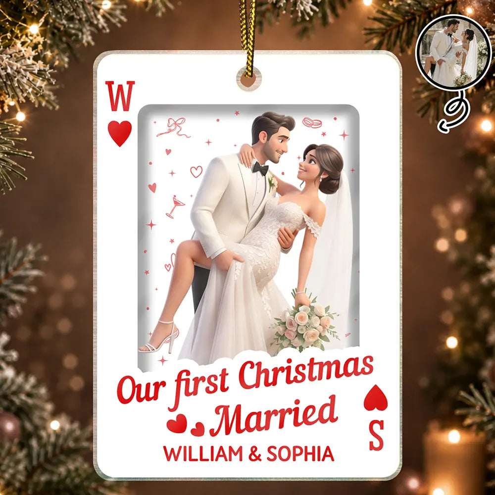 Art Design, Christmas, Romantic, Gift For Couples, Photo - Cartoon Portrait - Custom Photo Cartoon Portrait How Lucky Are We Playing Card - Personalized Custom Shaped Acrylic Ornament