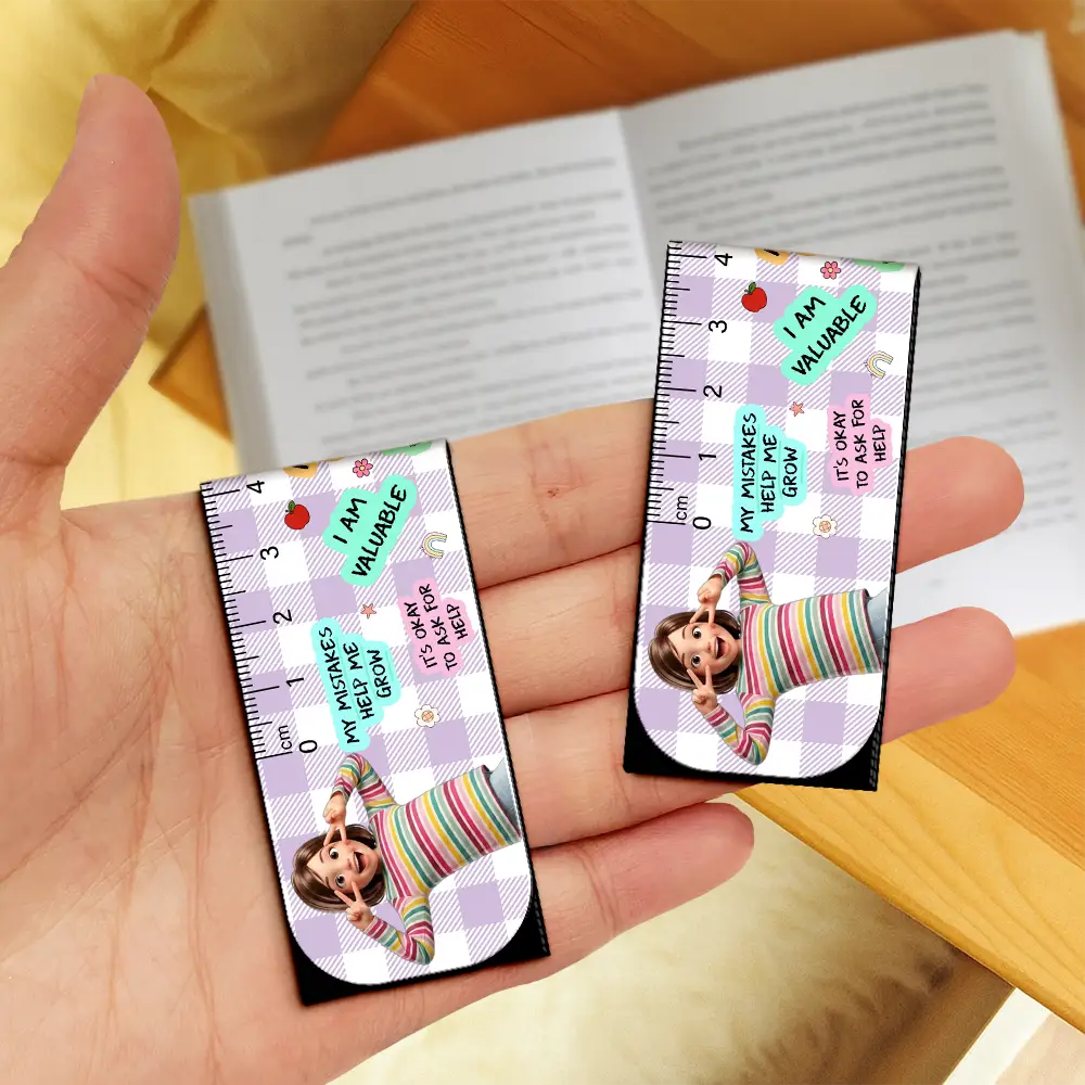 Adorable,Art Design,Back To School,Reading,Gift For Kids,Photo - Cartoon Portrait - Custom Photo Cartoon Portrait Kid Affirmation Ruler - Personalized Custom Shaped Magnetic Bookmark Clip