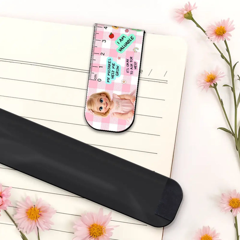 Adorable,Art Design,Back To School,Reading,Gift For Kids,Photo - Cartoon Portrait - Custom Photo Cartoon Portrait Kid Affirmation Ruler - Personalized Custom Shaped Magnetic Bookmark Clip