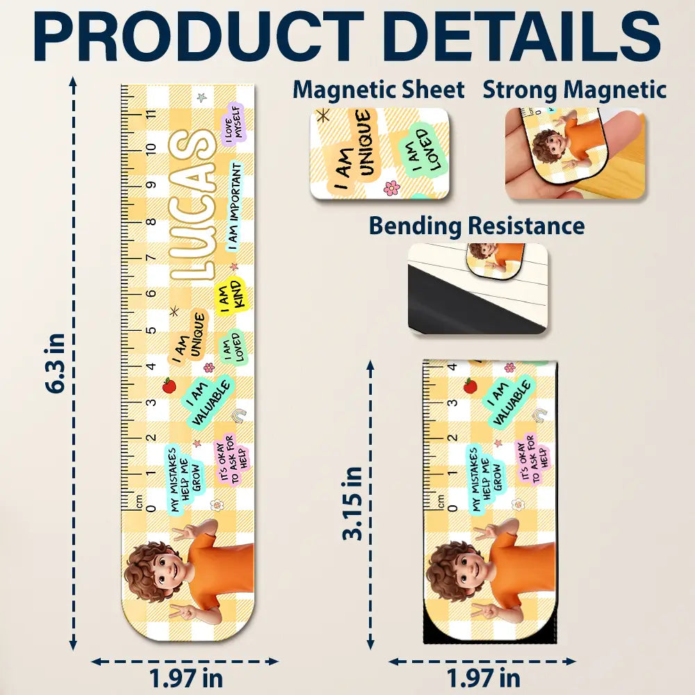 Adorable,Art Design,Back To School,Reading,Gift For Kids,Photo - Cartoon Portrait - Custom Photo Cartoon Portrait Kid Affirmation Ruler - Personalized Custom Shaped Magnetic Bookmark Clip