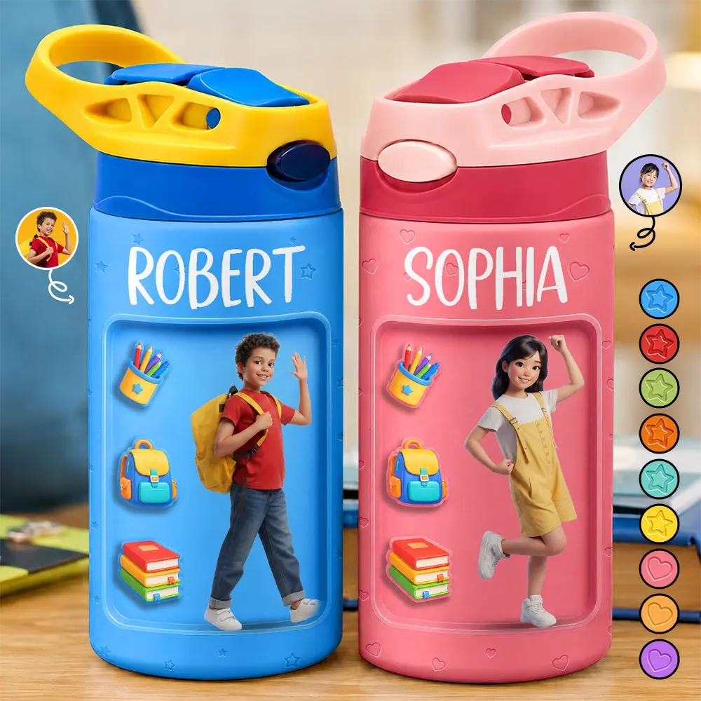 Adorable,Art Design,Back To School,Gift For Kids,Photo - Cartoon Portrait - Custom Photo Cartoon Portrait Kid Getting Ready For School - Personalized Insulated Water Bottle With Straw