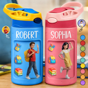 Adorable,Art Design,Back To School,Gift For Kids,Photo - Cartoon Portrait - Custom Photo Cartoon Portrait Kid Getting Ready For School - Personalized Insulated Water Bottle With Straw