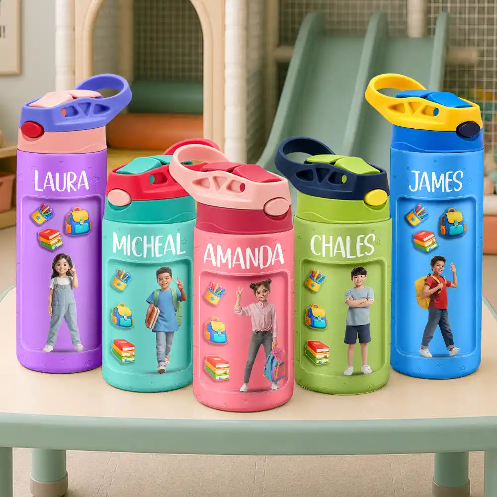 Adorable,Art Design,Back To School,Gift For Kids,Photo - Cartoon Portrait - Custom Photo Cartoon Portrait Kid Getting Ready For School - Personalized Insulated Water Bottle With Straw