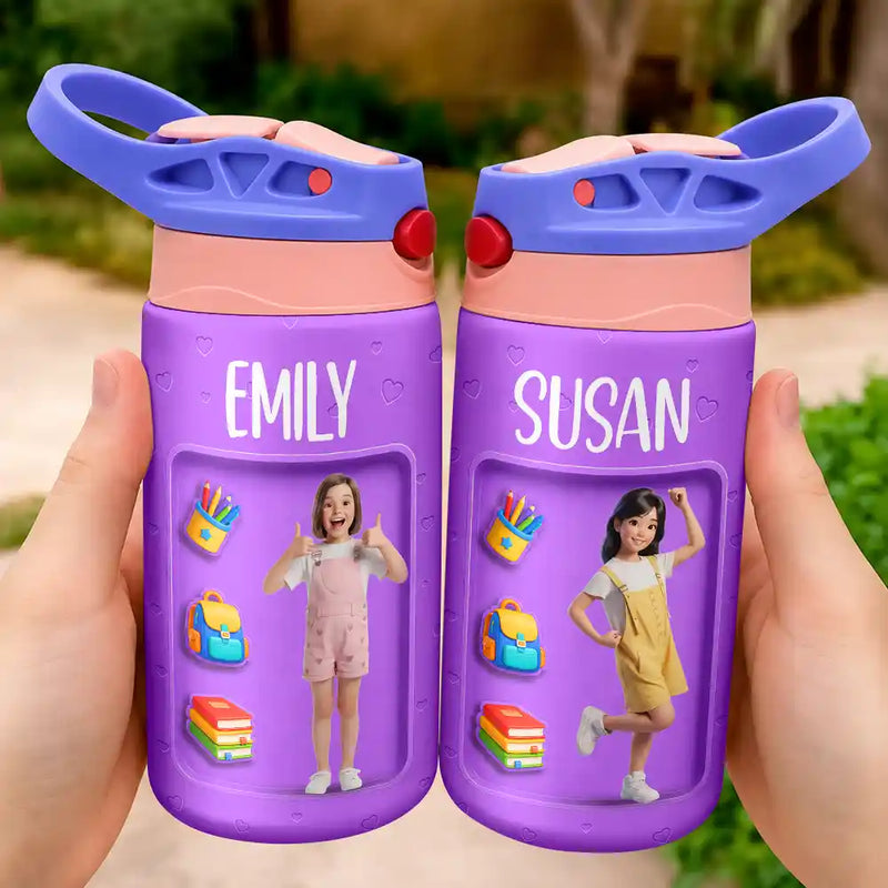 Adorable,Art Design,Back To School,Gift For Kids,Photo - Cartoon Portrait - Custom Photo Cartoon Portrait Kid Getting Ready For School - Personalized Insulated Water Bottle With Straw