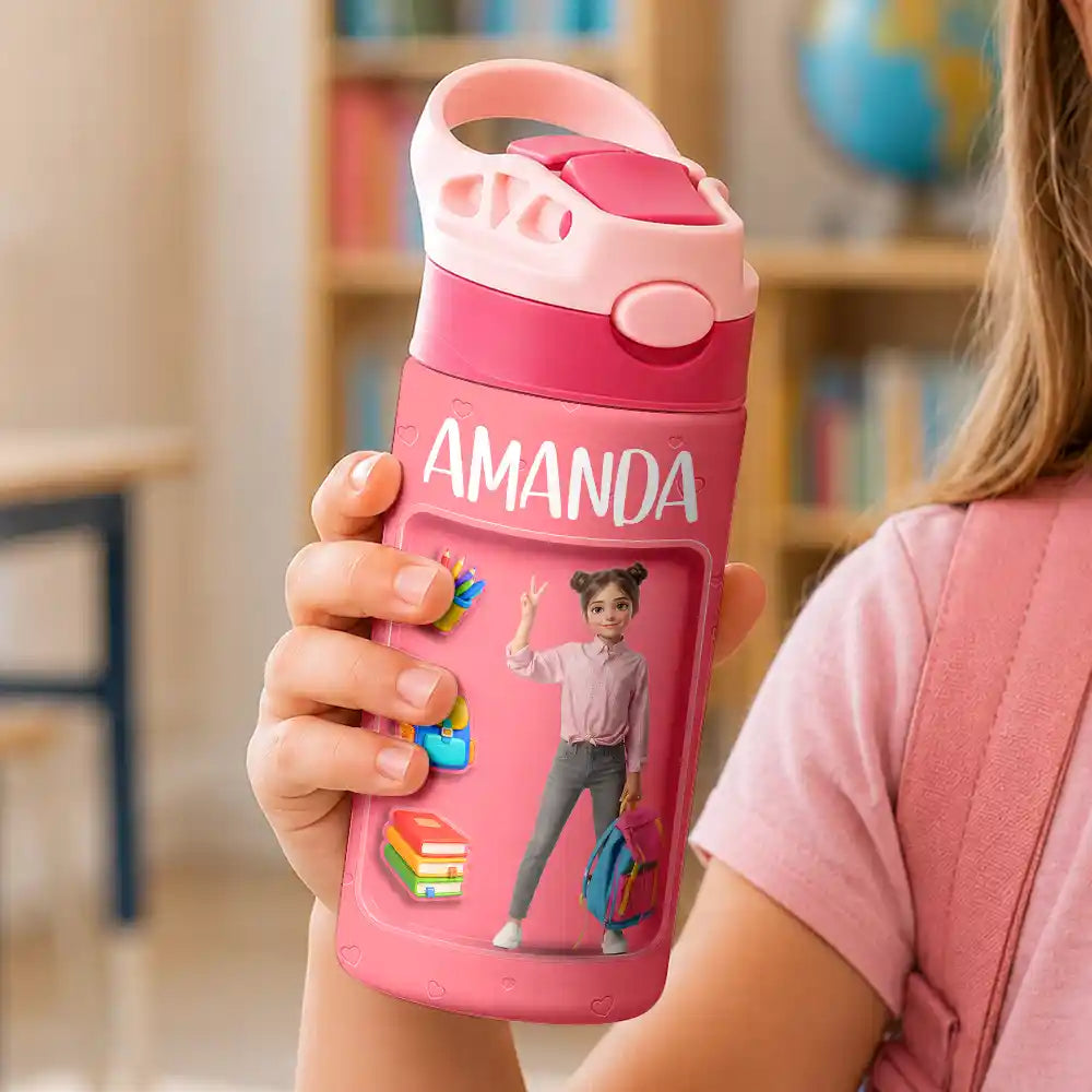 Adorable,Art Design,Back To School,Gift For Kids,Photo - Cartoon Portrait - Custom Photo Cartoon Portrait Kid Getting Ready For School - Personalized Insulated Water Bottle With Straw