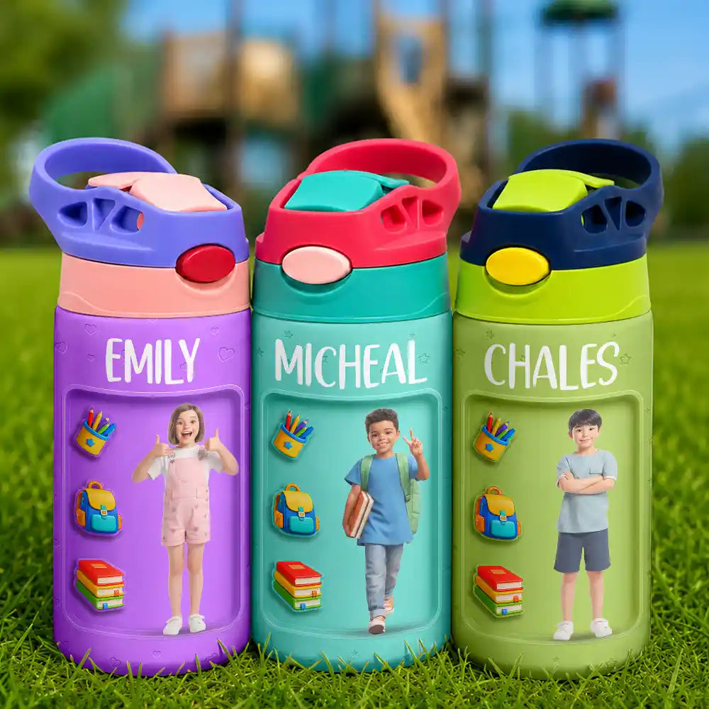 Adorable,Art Design,Back To School,Gift For Kids,Photo - Cartoon Portrait - Custom Photo Cartoon Portrait Kid Getting Ready For School - Personalized Insulated Water Bottle With Straw