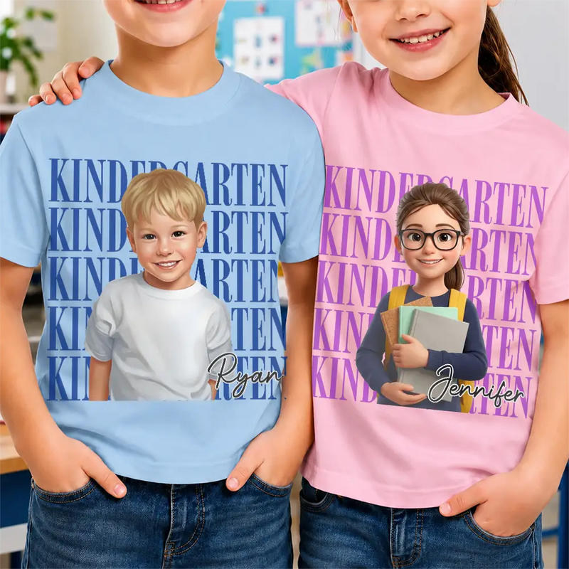Adorable,Art Design,Back To School,Gift For Kids,Photo - Cartoon Portrait - Custom Photo Cartoon Portrait Kid Ready For School Kindergarten First Grade - Personalized T Shirt