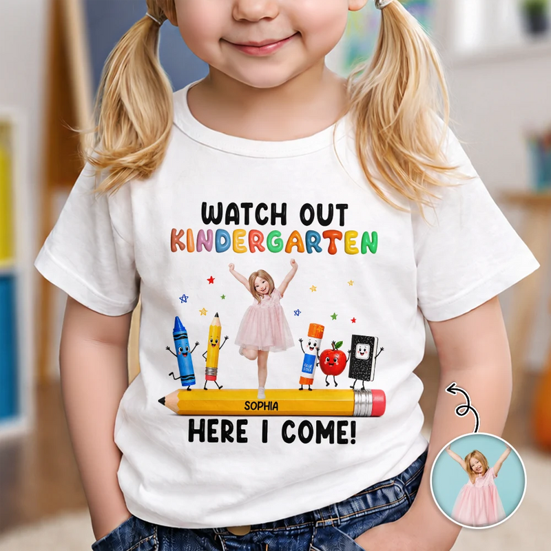 Adorable,Art Design,Back To School,Gift For Kids,Photo - Cartoon Portrait - Custom Photo Cartoon Portrait Kid Watch Out Kindergarten Here I Come - Personalized T Shirt