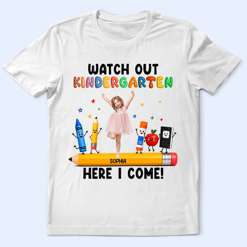 Adorable,Art Design,Back To School,Gift For Kids,Photo - Cartoon Portrait - Custom Photo Cartoon Portrait Kid Watch Out Kindergarten Here I Come - Personalized T Shirt