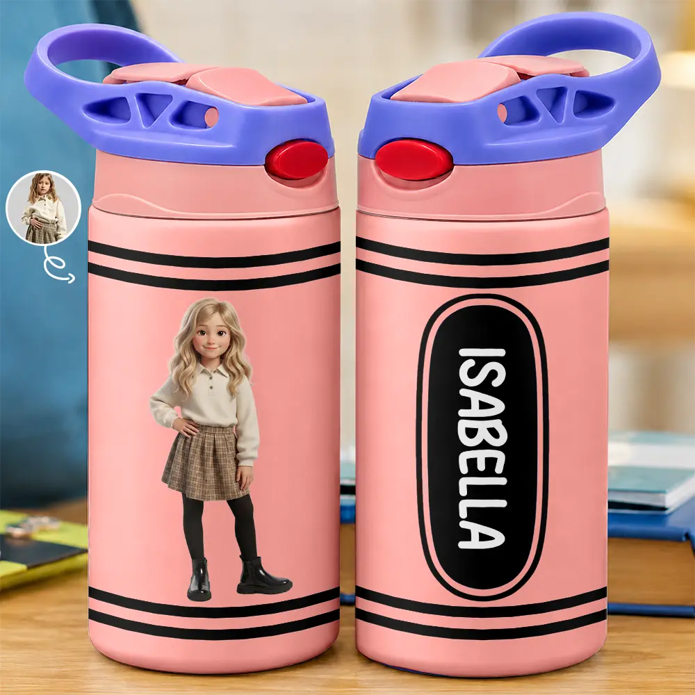 Adorable,Art Design,Back To School,Gift For Kids,Photo - Cartoon Portrait - Custom Photo Cartoon Portrait Kid With Colorful Crayons - Personalized Insulated Water Bottle With Straw