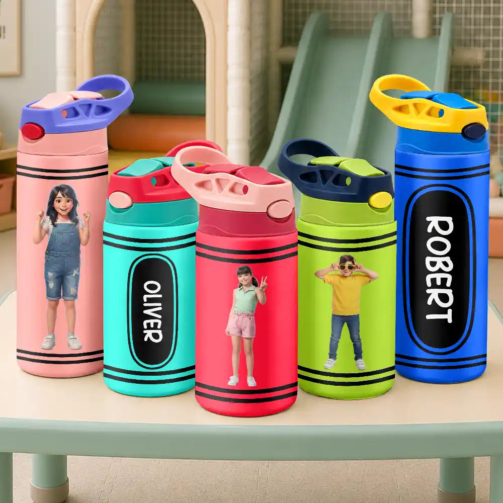 Adorable,Art Design,Back To School,Gift For Kids,Photo - Cartoon Portrait - Custom Photo Cartoon Portrait Kid With Colorful Crayons - Personalized Insulated Water Bottle With Straw