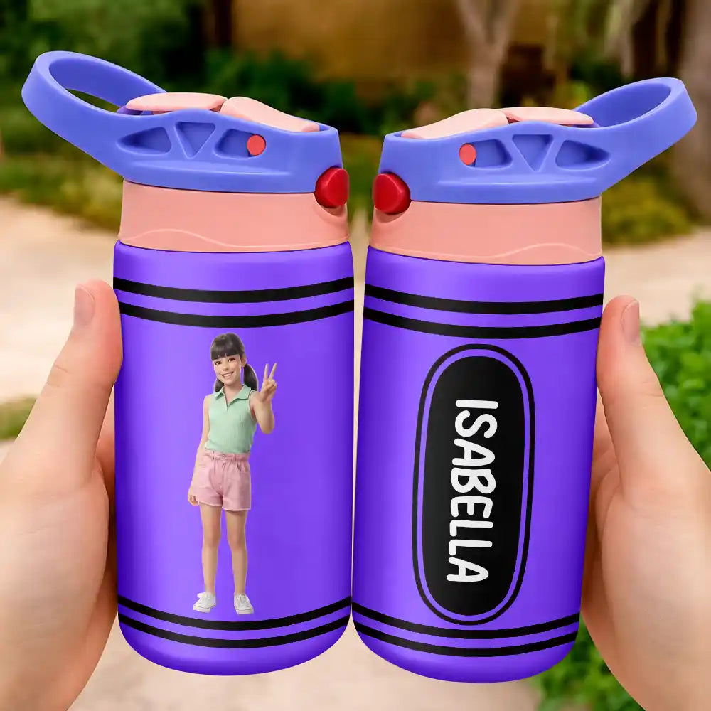 Adorable,Art Design,Back To School,Gift For Kids,Photo - Cartoon Portrait - Custom Photo Cartoon Portrait Kid With Colorful Crayons - Personalized Insulated Water Bottle With Straw