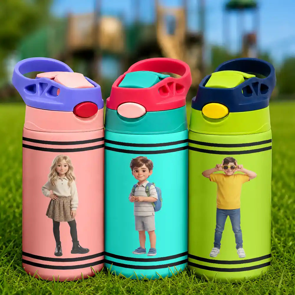 Adorable,Art Design,Back To School,Gift For Kids,Photo - Cartoon Portrait - Custom Photo Cartoon Portrait Kid With Colorful Crayons - Personalized Insulated Water Bottle With Straw