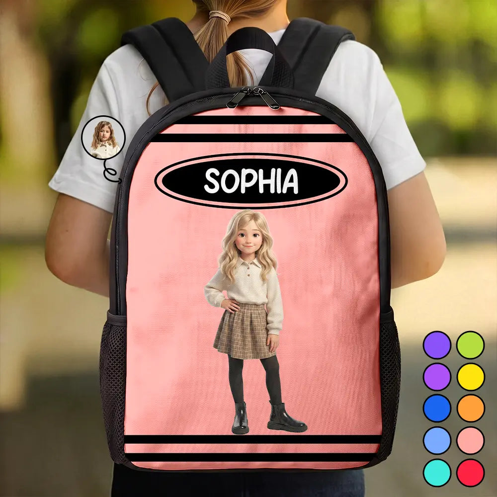 Custom Photo Cartoon Portrait Kid With Colorful Crayons - Personalized Kids Backpack