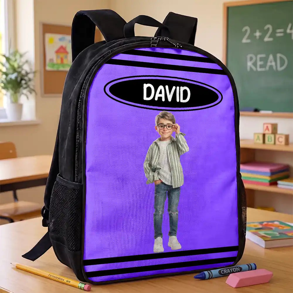 Adorable,Art Design,Back To School,Gift For Kids,Photo - Cartoon Portrait - Custom Photo Cartoon Portrait Kid With Colorful Crayons - Personalized Kids Backpack