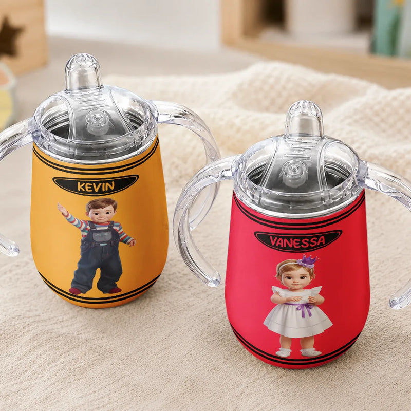 Adorable, Art Design, Gift For Kids, Photo - Cartoon Portrait - Custom Photo Cartoon Portrait Kid With Colorful Crayons - Personalized Sippy Cup