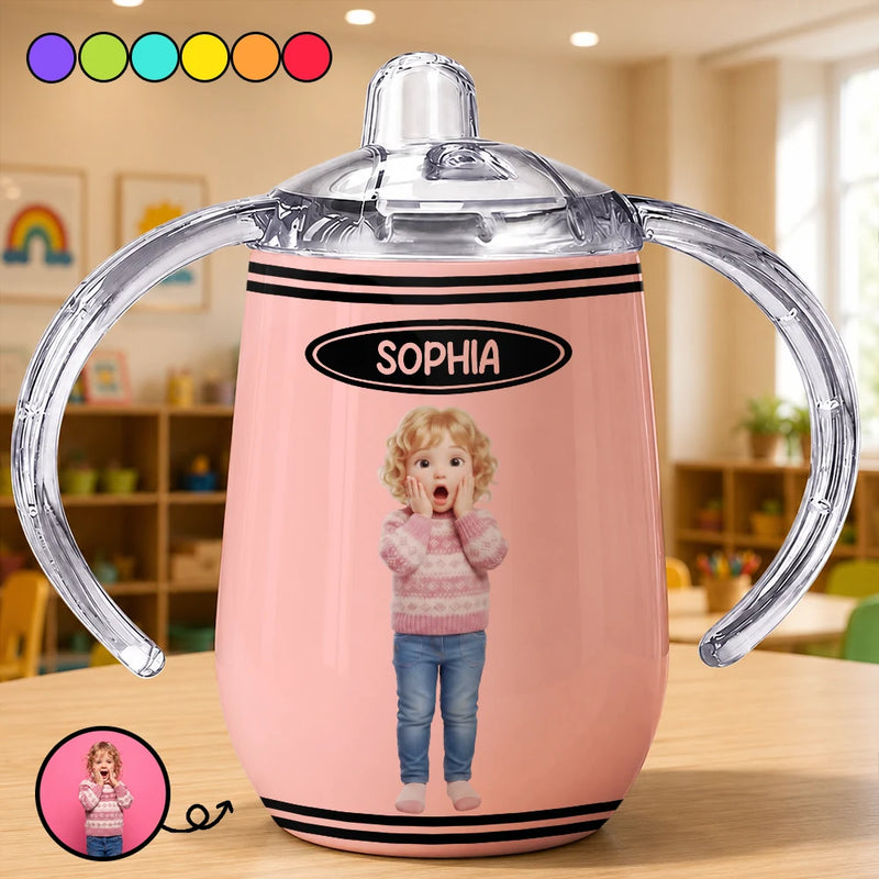 Adorable, Art Design, Gift For Kids, Photo - Cartoon Portrait - Custom Photo Cartoon Portrait Kid With Colorful Crayons - Personalized Sippy Cup