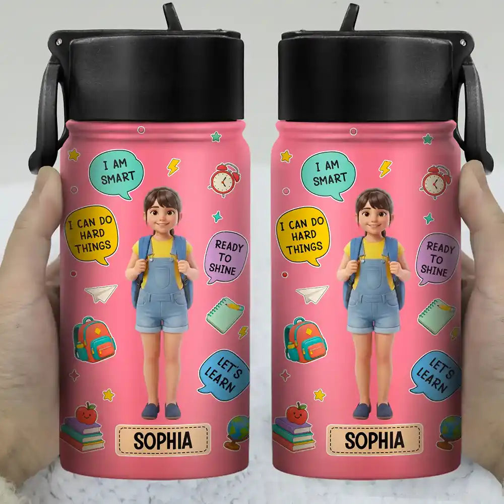 Adorable,Art Design,Back To School,Gift For Kids,Photo - Cartoon Portrait - Custom Photo Cartoon Portrait Kids Ready To Shine - Personalized Kids Water Bottle