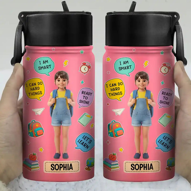 Adorable,Art Design,Back To School,Gift For Kids,Photo - Cartoon Portrait - Custom Photo Cartoon Portrait Kids Ready To Shine - Personalized Kids Water Bottle