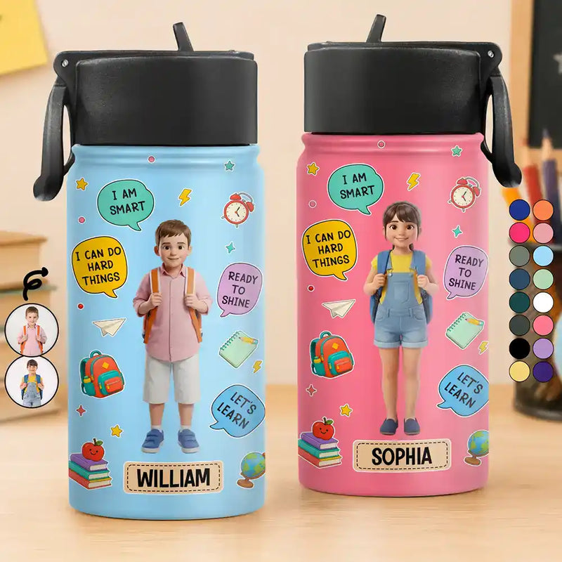 Adorable,Art Design,Back To School,Gift For Kids,Photo - Cartoon Portrait - Custom Photo Cartoon Portrait Kids Ready To Shine - Personalized Kids Water Bottle