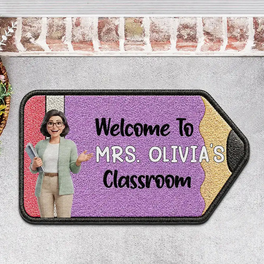 Art Design,Teacher,Inspirational,Back To School,Photo - Cartoon Portrait - Custom Photo Cartoon Portrait Pencil Shape Welcome To Classroom - Personalized Custom Shaped Doormat