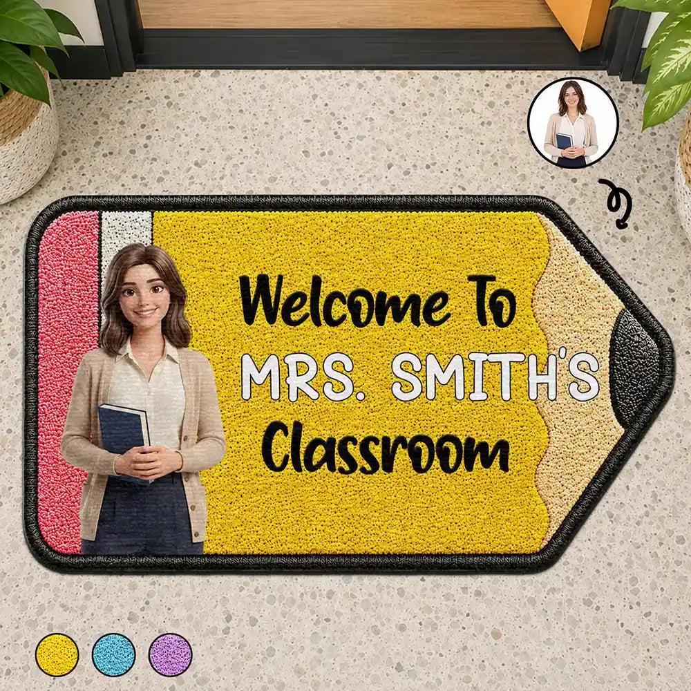 Art Design,Teacher,Inspirational,Back To School,Photo - Cartoon Portrait - Custom Photo Cartoon Portrait Pencil Shape Welcome To Classroom - Personalized Custom Shaped Doormat