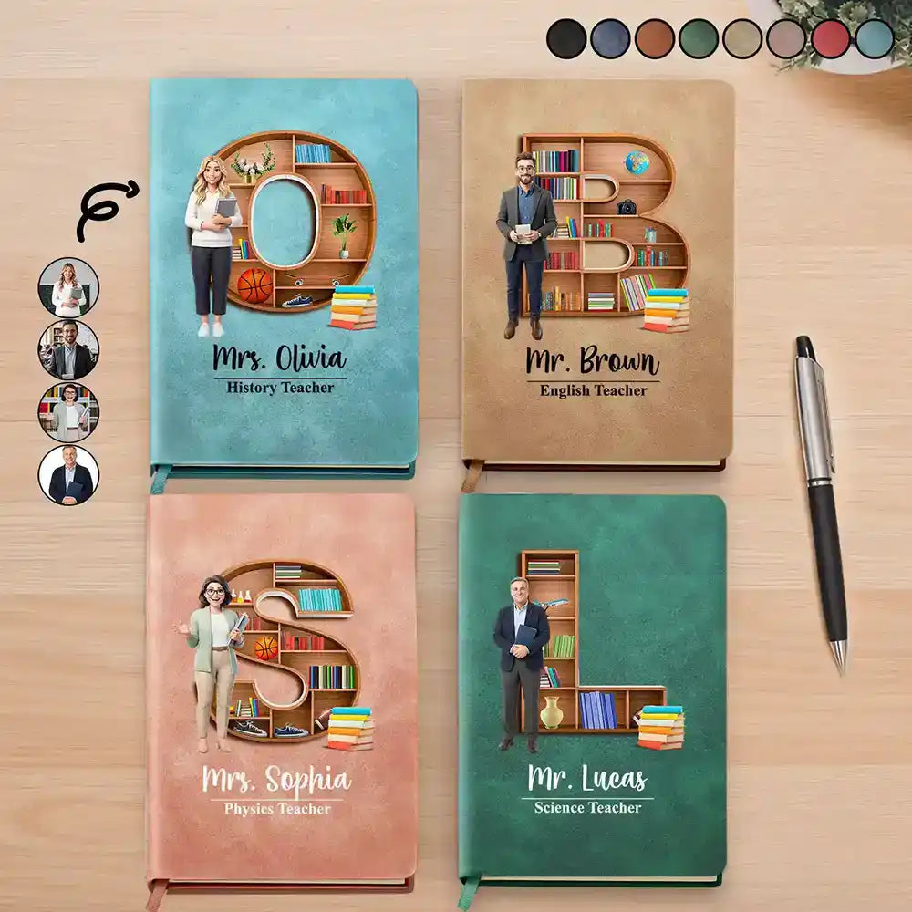 Art Design,Teacher,Back To School,Proud,Photo - Cartoon Portrait - Custom Photo Cartoon Portrait Teacher Alphabet Bookshelf Letter - Personalized Leather Journal