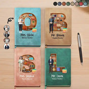 Art Design,Teacher,Back To School,Proud,Photo - Cartoon Portrait - Custom Photo Cartoon Portrait Teacher Alphabet Bookshelf Letter - Personalized Leather Journal